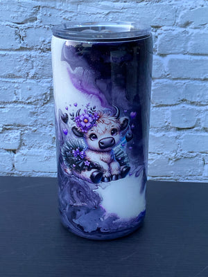 Custom Painted Purple Cow Stainless Fatty Tumbler w/Sliding Lid and Straw- 20 Oz