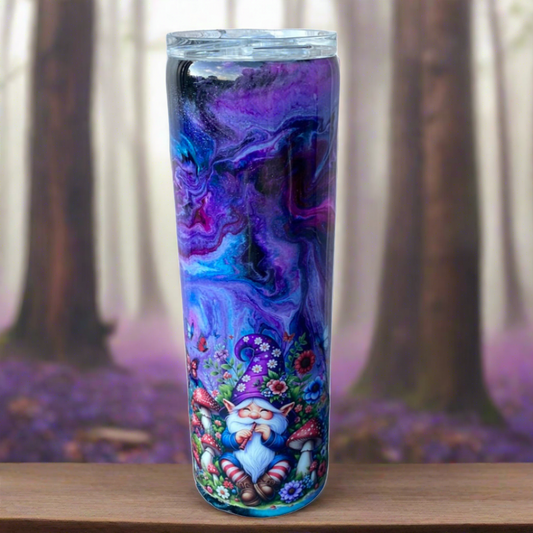 Custom Painted Purple Swirl Gnomes Stainless Skinny Tumbler w/Sliding Lid and Straw- 30 Oz