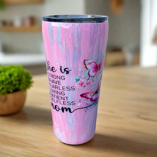 Hand Painted Pink She Is Mom Stainless Gradual Tumbler w/Sliding Lid and Straw- 24 Oz