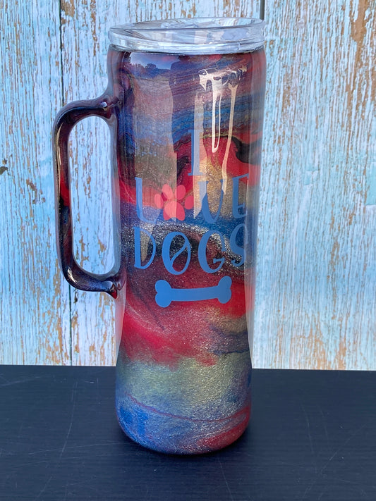 Hand Painted Blue Red Swirl Love Dogs Stainless Steel Handle Tumbler w/Sliding Lid and Straw- 20 Oz