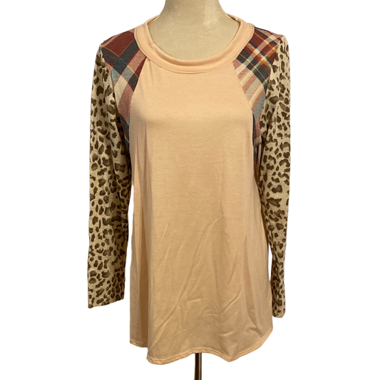 LONG SLEEVE ROUND NECK PLAID/ANIMAL PRINT TOP