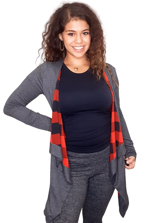 LONG SLEEVE PLAID COLOR BLOCK DRAPED CARDIGAN