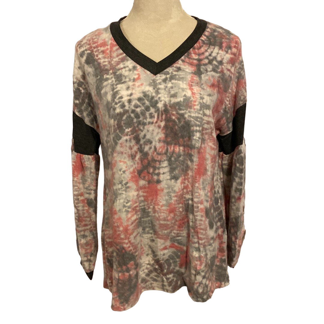 ABSTRACT TIE DYE LONG SLEEVE V NECK TOP