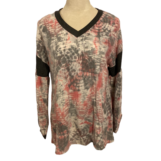 ABSTRACT TIE DYE LONG SLEEVE V NECK TOP