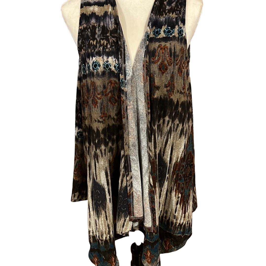 SLEEVELESS RUSTIC PRINT OPEN CARDIGAN