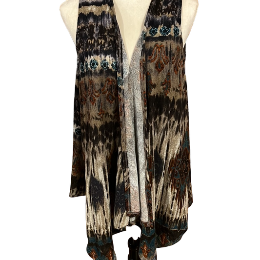 SLEEVELESS RUSTIC PRINT OPEN CARDIGAN