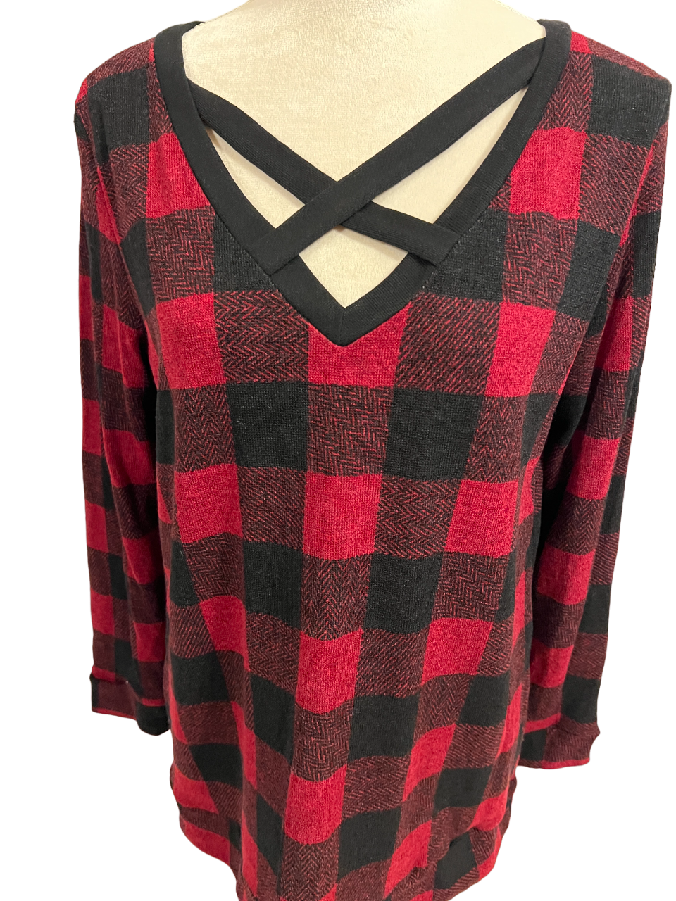 RED PLAID WITH CRISS CROSS NECK