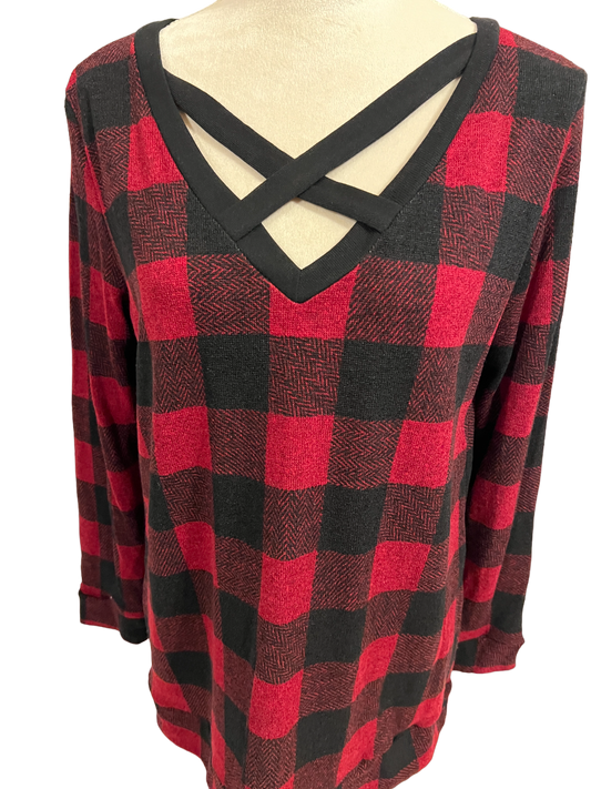 RED PLAID WITH CRISS CROSS NECK