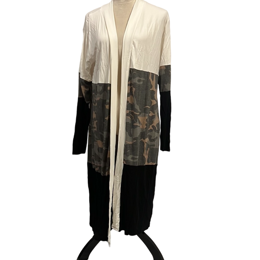 LONG SLEEVE LONG COLOR BLOCK CAMO CARDIGAN