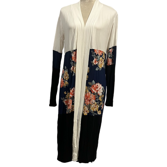 LONG SLEEVE LONG COLOR BLOCK FLORAL CARDIGAN