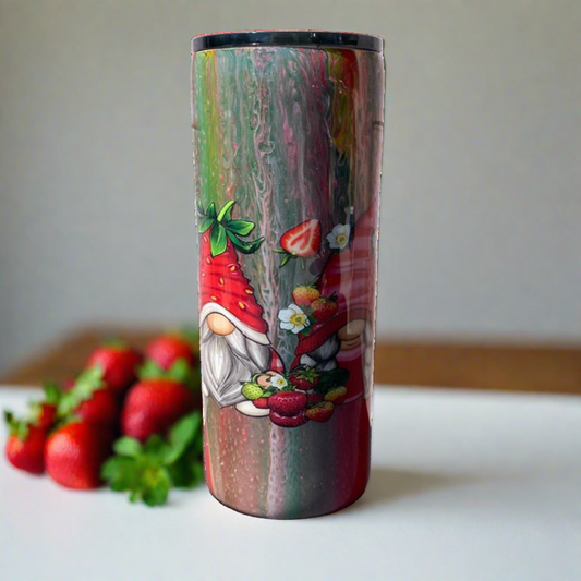 Hand Painted Strawberry Gnomes Stainless Fatty Tumbler w/Sliding Lid and Straw- 30 Oz
