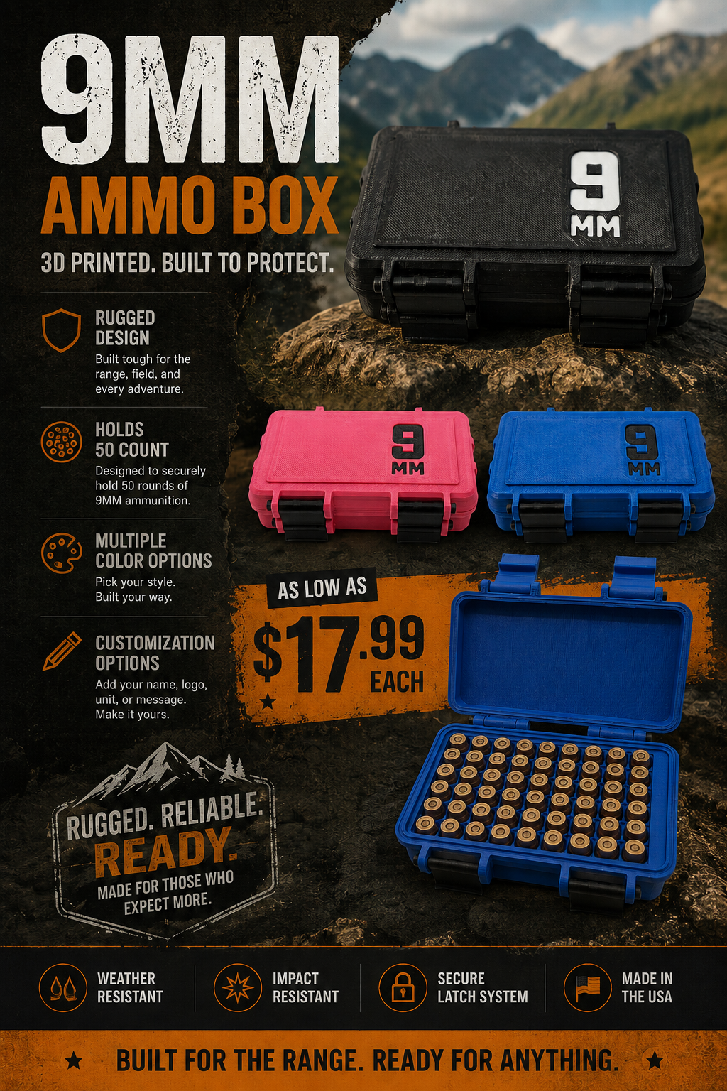 3D Printed 9mm 50-Count Ammo Box - Customizable