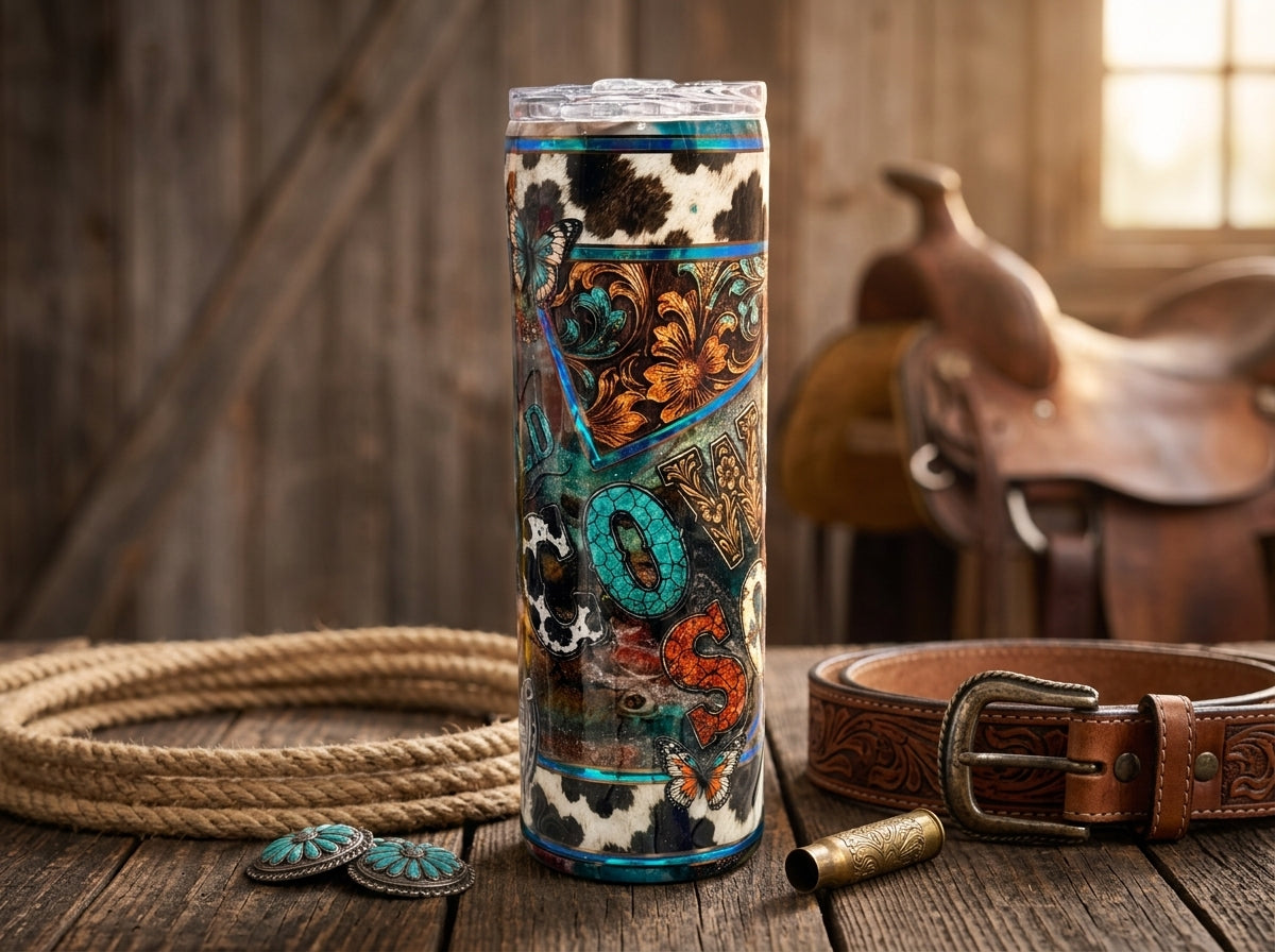 Custom Painted Cowgirl Soul Stainless Skinny Tumbler w/Sliding Lid and Straw- 30 Oz