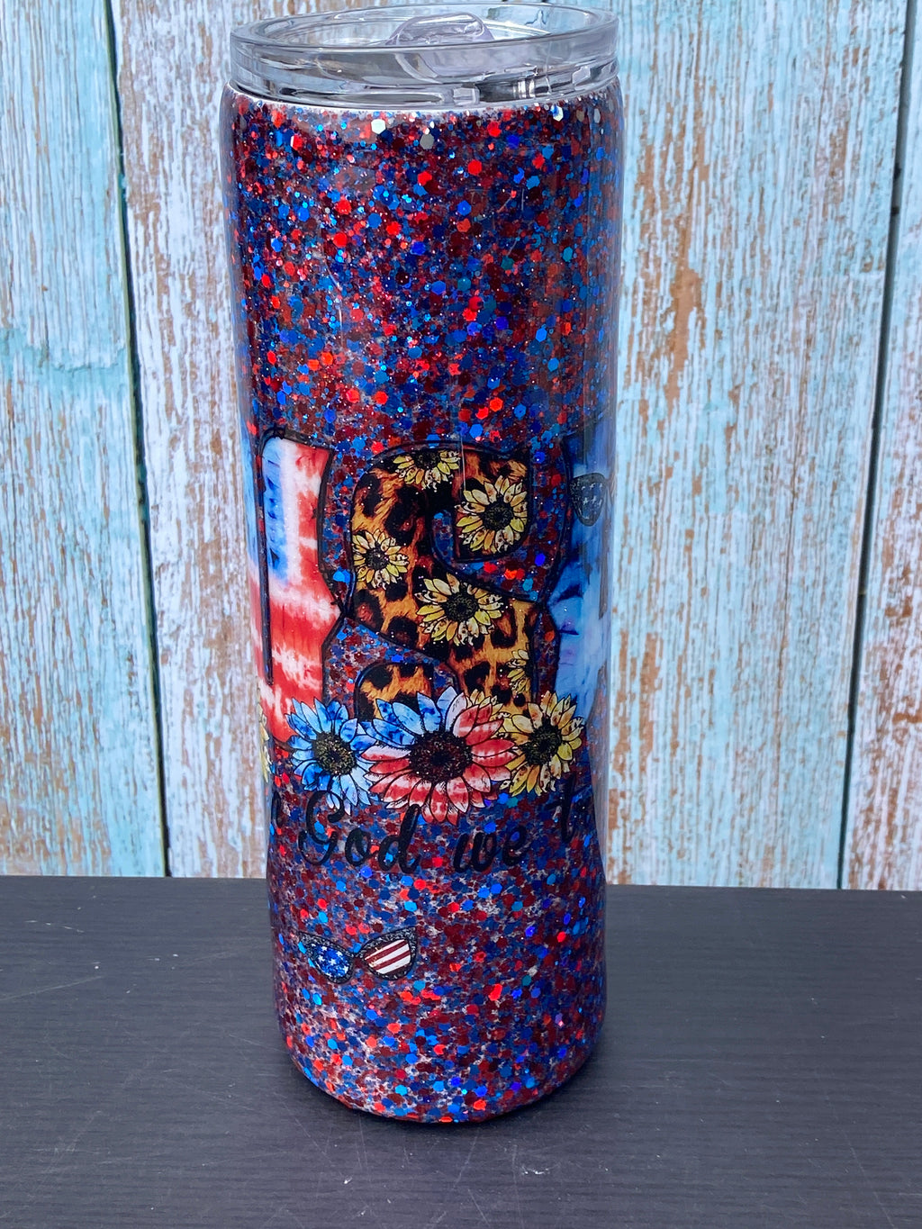 Custom Painted USA In Trust Sparkle Stainless Skinny Tumbler w/Sliding Lid and Straw- 30 Oz