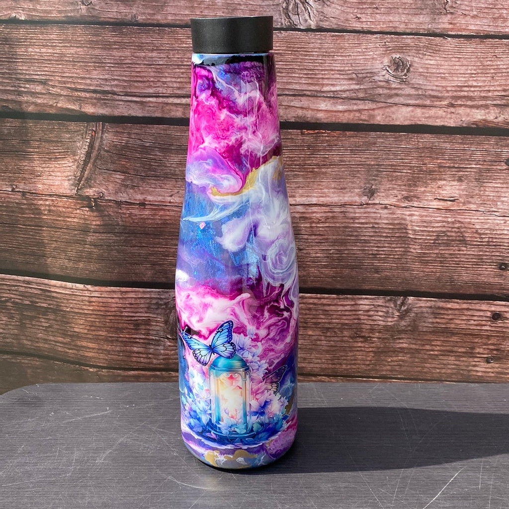 Hand Painted Purple Swirl Butterfly Stainless Push Top Bottle - 30 Oz