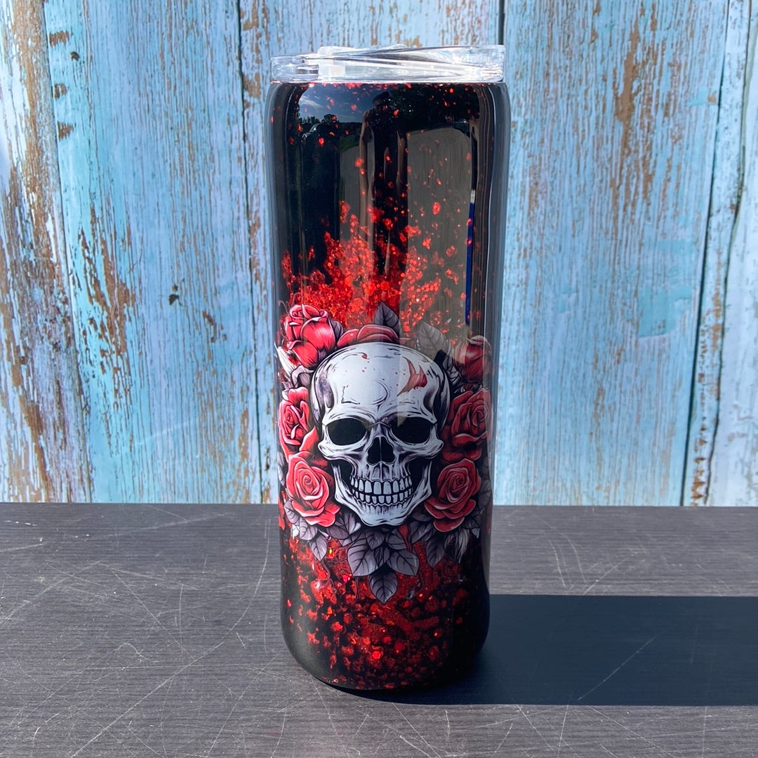 Custom Painted Red Skull Stainless Skinny Tumbler w/Sliding Lid and Straw- 20 Oz