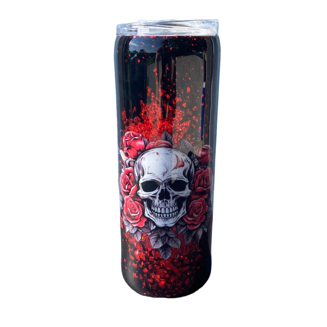 Custom Painted Red Skull Stainless Skinny Tumbler w/Sliding Lid and Straw- 20 Oz