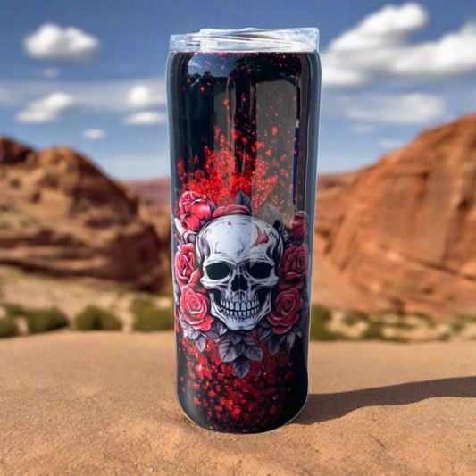 Custom Painted Red Skull Stainless Skinny Tumbler w/Sliding Lid and Straw- 20 Oz