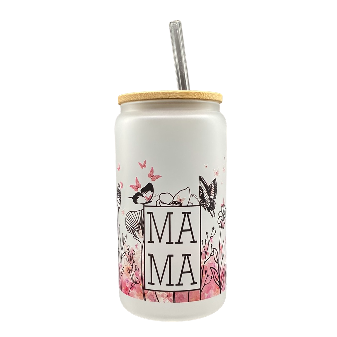 MAMA Butterfly Floral Glass Tumbler - 18 Oz