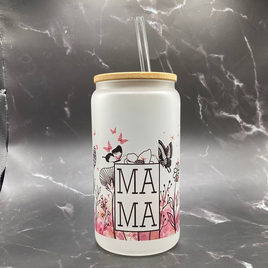 MAMA Butterfly Floral Glass Tumbler - 18 Oz