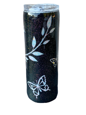 Custom Painted White Peekaboo Butterflies Stainless Skinny Tumbler w/Sliding Lid and Straw- 20 Oz