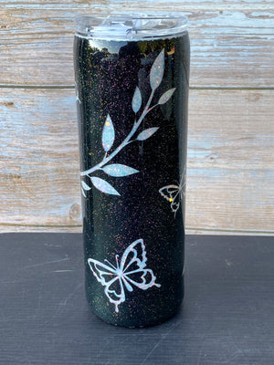 Custom Painted White Peekaboo Butterflies Stainless Skinny Tumbler w/Sliding Lid and Straw- 20 Oz