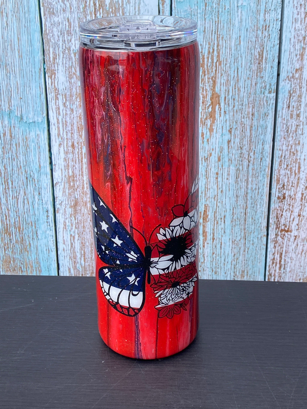 Custom Painted Patriotic Butterfly Stainless Skinny Tumbler w/Sliding Lid and Straw- 30 Oz