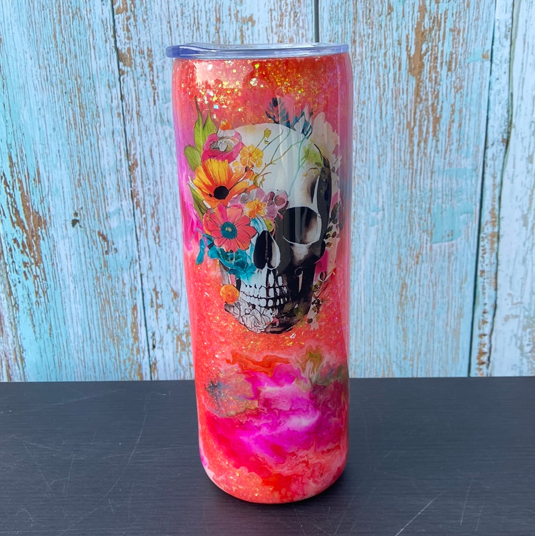 Custom Painted Orange Skull Stainless Skinny Tumbler w/Sliding Lid and Straw- 20 Oz