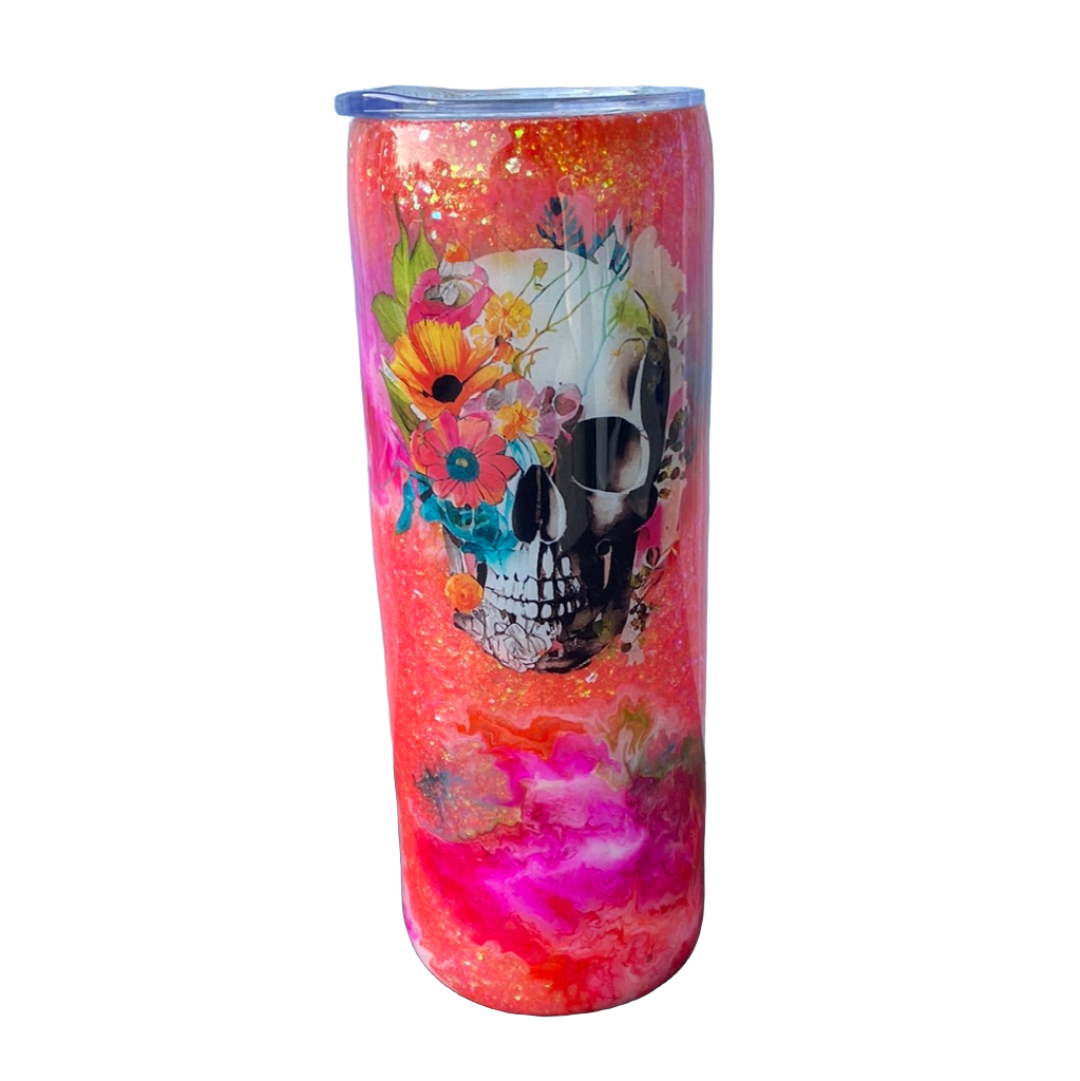 Custom Painted Orange Skull Stainless Skinny Tumbler w/Sliding Lid and Straw- 20 Oz