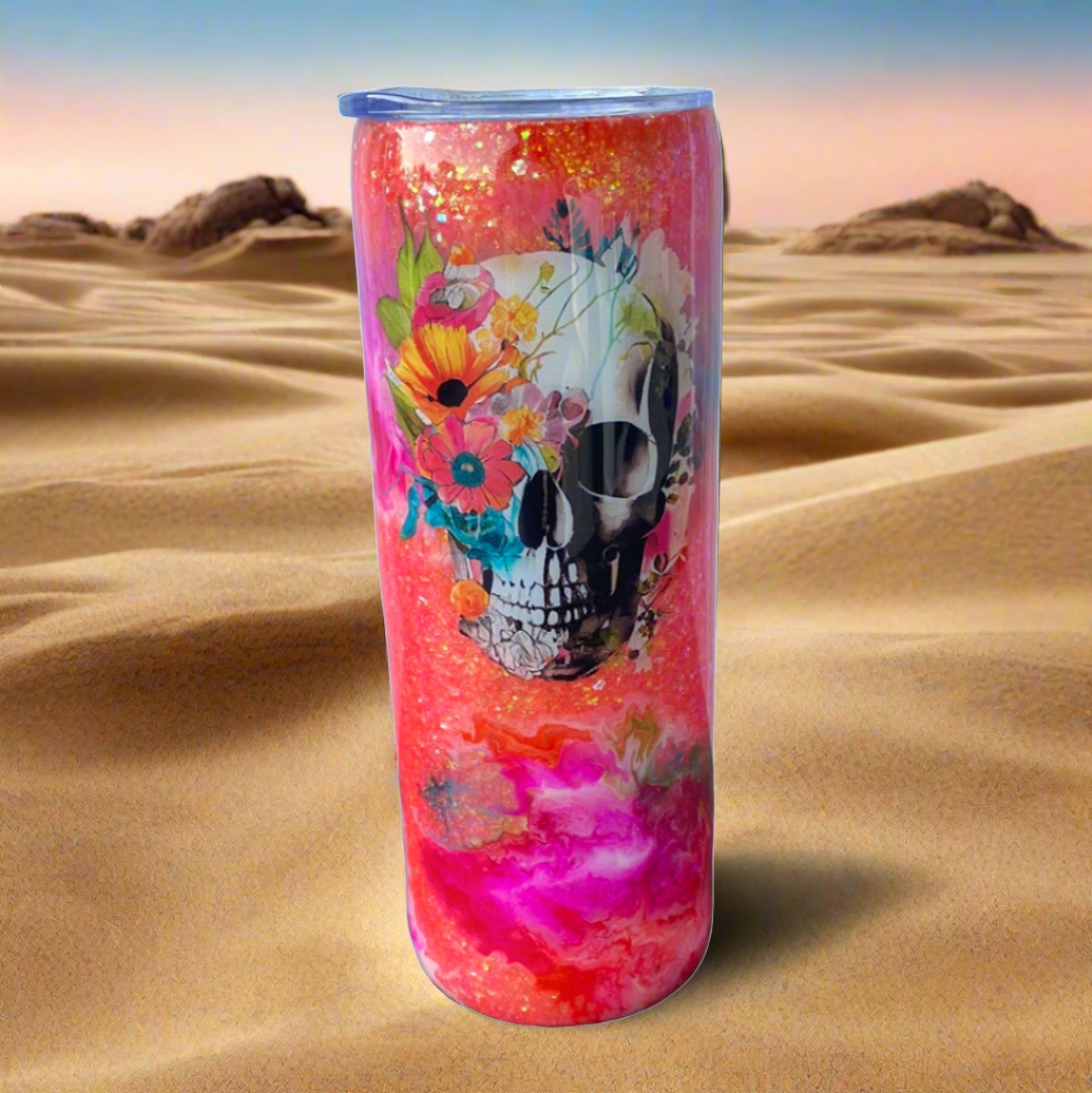 Custom Painted Orange Skull Stainless Skinny Tumbler w/Sliding Lid and Straw- 20 Oz