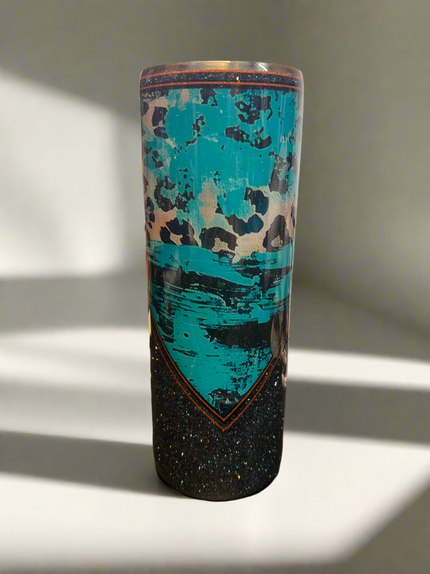 Custom Teal Floral Cheetah Stainless Skinny Tumbler w/Sliding Lid and Straw- 20 Oz