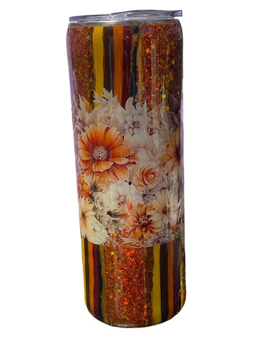 Custom Painted Fall Flowers Stainless Skinny Tumbler w/Sliding Lid and Straw- 20 Oz