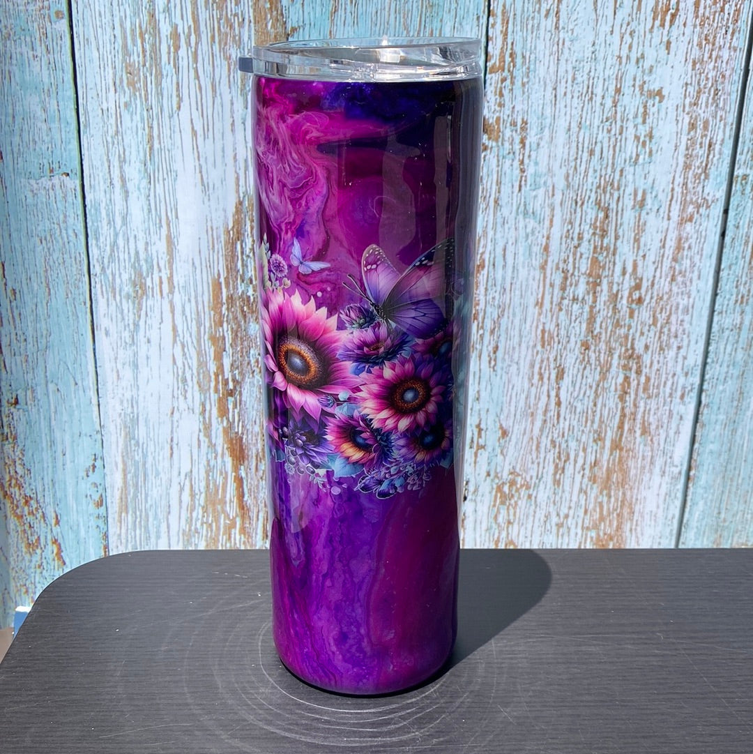 Custom Painted Purple Butterfly & Flowers Stainless Skinny Tumbler w/Sliding Lid and Straw- 30 Oz