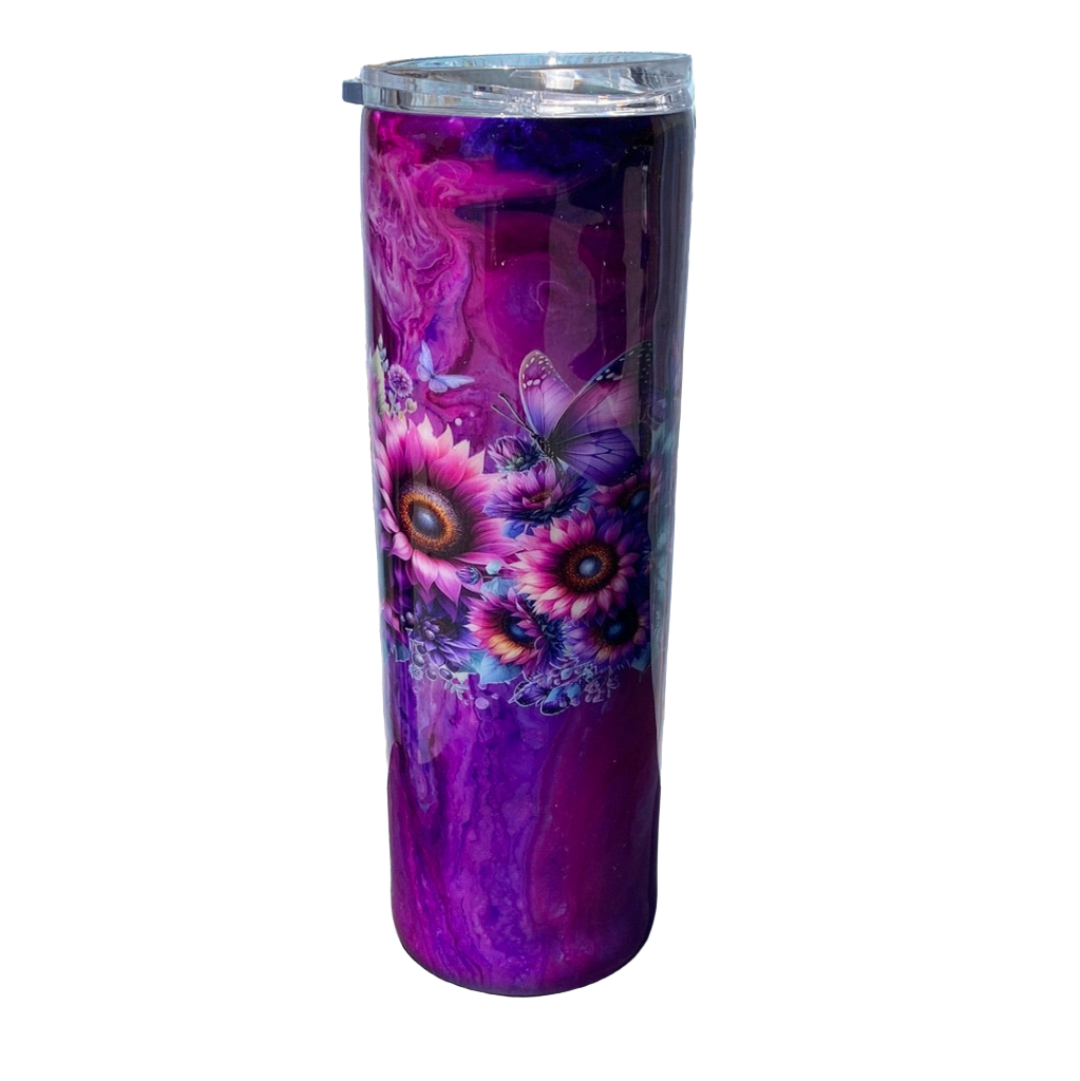 Custom Painted Purple Butterfly & Flowers Stainless Skinny Tumbler w/Sliding Lid and Straw- 30 Oz