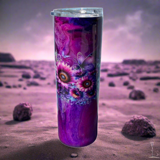 Custom Painted Purple Butterfly & Flowers Stainless Skinny Tumbler w/Sliding Lid and Straw- 30 Oz