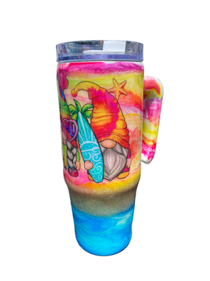 Hand Painted Beach Gnomes Stainless Steel Grippy Handle Tumbler w/Sliding Lid - 30 Oz