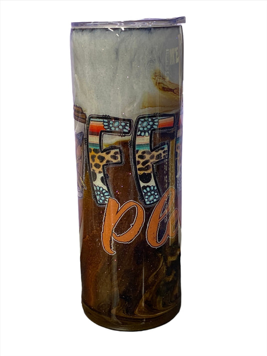 Custom Painted Coffee Please Stainless Skinny Tumbler w/Sliding Lid and Straw- 20 Oz