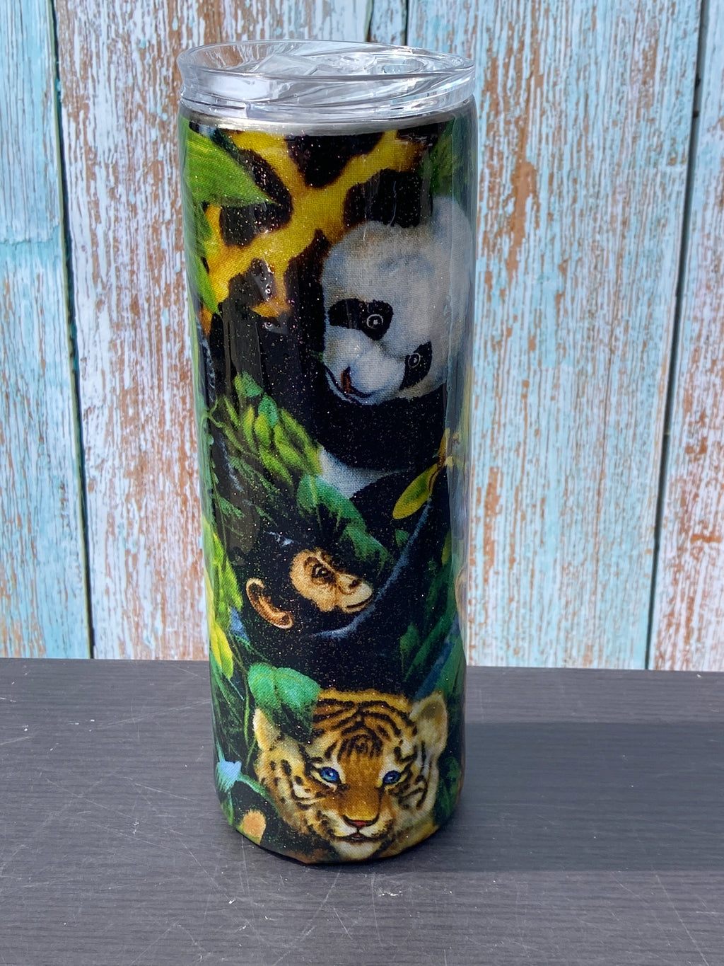 Custom Painted Zoo Animals Stainless Skinny Tumbler w/Sliding Lid and Straw- 20 Oz.