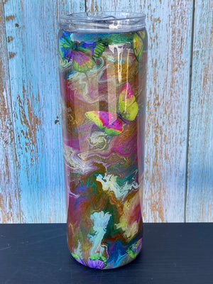 Custom Painted Purple Glitter Butterfly Stainless Skinny Tumbler w/Sliding Lid and Straw- 30 Oz