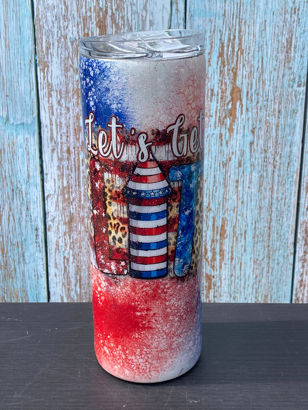 Custom Painted Patriotic Lit Stainless Skinny Tumbler w/Sliding Lid and Straw- 20 Oz.