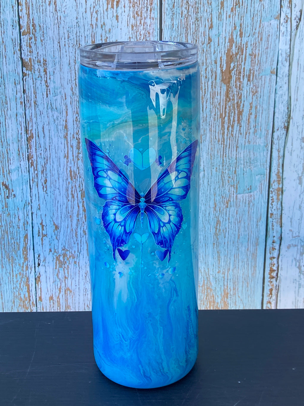 Custom Painted Blue Wave Butterfly Stainless Skinny Tumbler w/Sliding Lid and Straw- 30 Oz