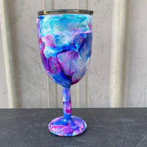 Custom Painted Pink Glitter Swirl Stainless Wine Glass w/Sliding Lid - 10 Oz