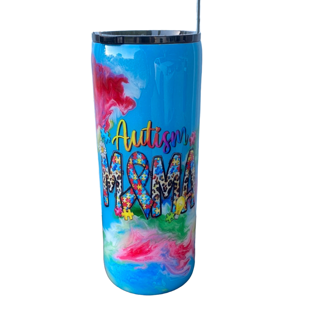 Hand Painted Autism Mama Stainless Fatty Tumbler w/Sliding Lid and Straw- 30 Oz