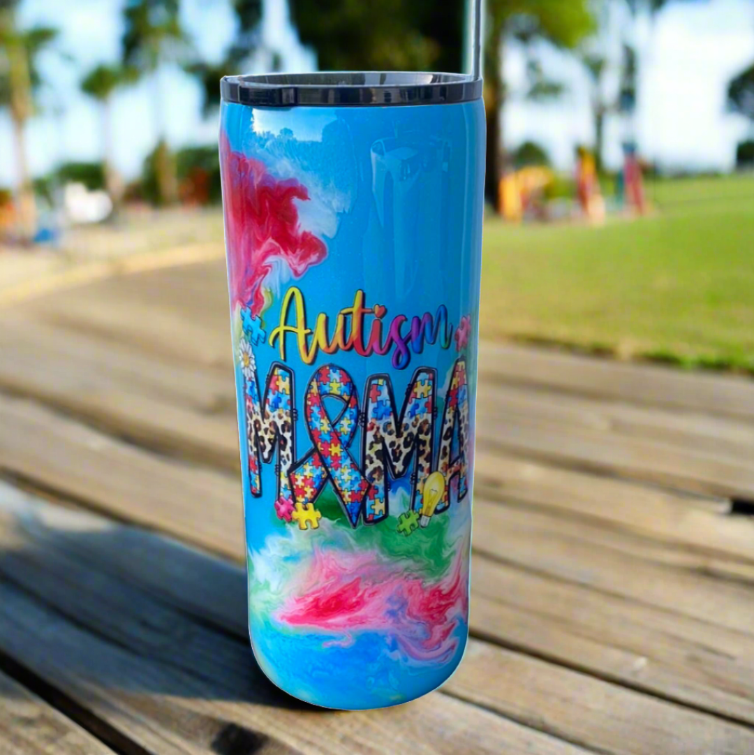 Hand Painted Autism Mama Stainless Fatty Tumbler w/Sliding Lid and Straw- 30 Oz