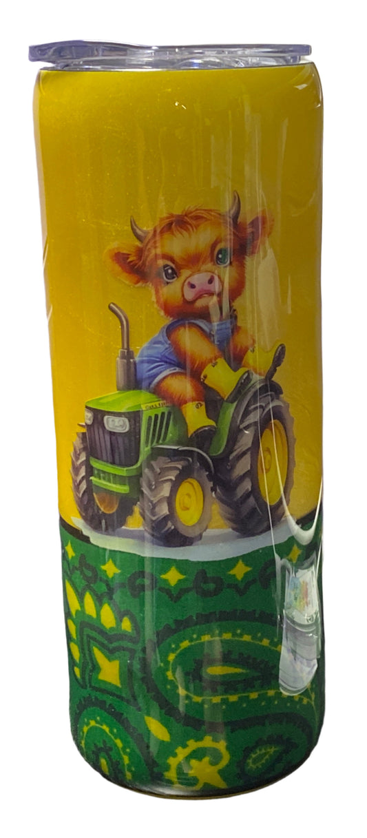 Custom Painted Tractor Cow Stainless Skinny Tumbler w/Sliding Lid and Straw- 20 Oz