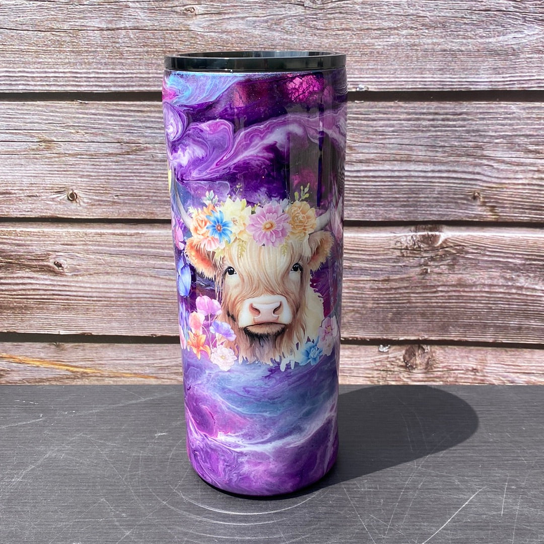 Hand Painted Purple Cow Stainless Fatty Tumbler w/Sliding Lid and Straw- 30 Oz