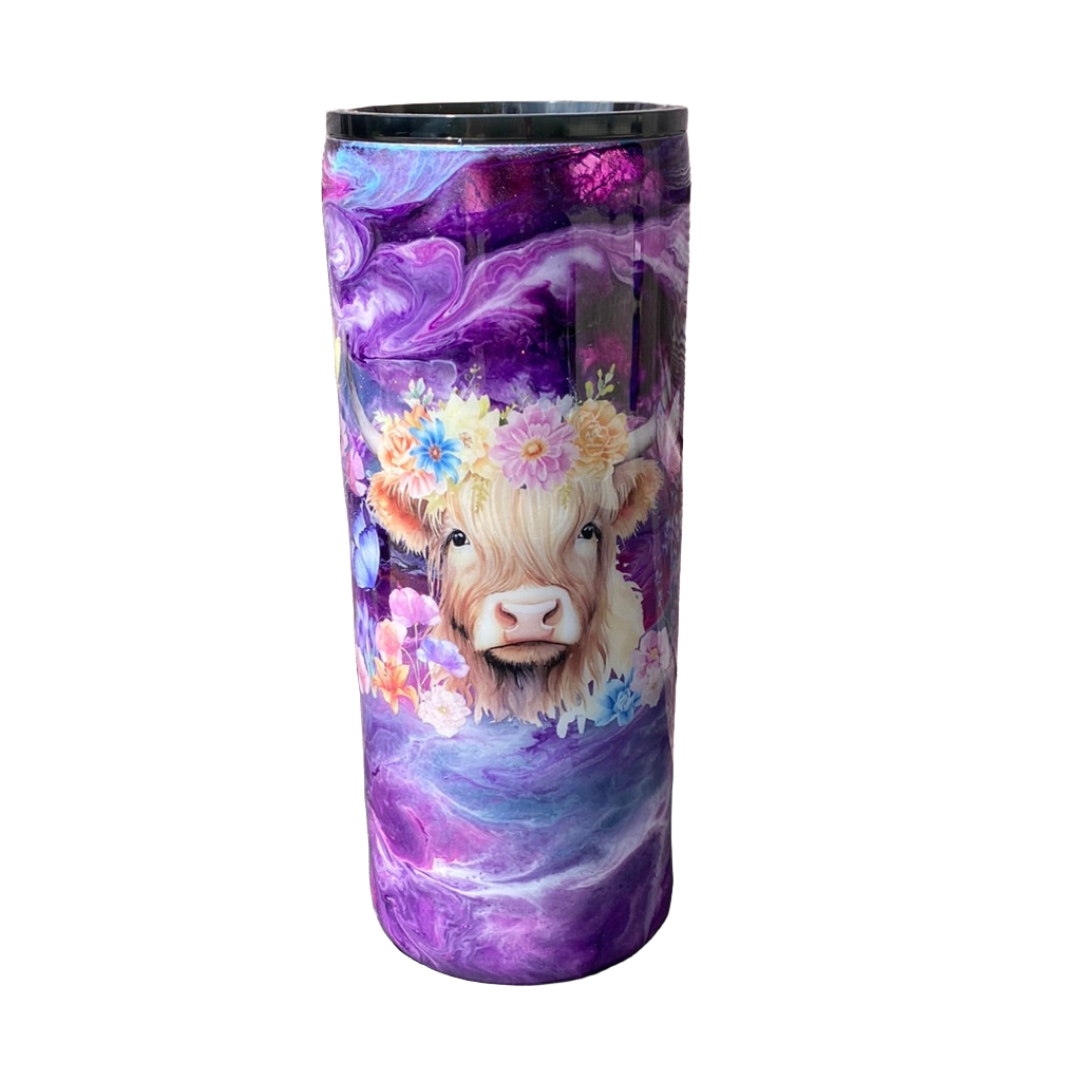 Hand Painted Purple Cow Stainless Fatty Tumbler w/Sliding Lid and Straw- 30 Oz