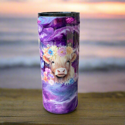 Hand Painted Purple Cow Stainless Fatty Tumbler w/Sliding Lid and Straw- 30 Oz