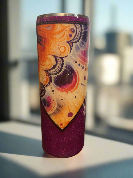 Custom Orange/Pink Mandala Stainless Skinny Tumbler w/Sliding Lid and Straw- 20 Oz