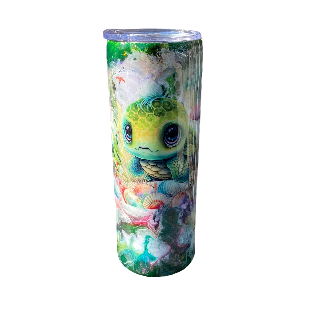 Custom Painted Mohawk Turtle Stainless Skinny Tumbler w/Sliding Lid and Straw- 20 Oz